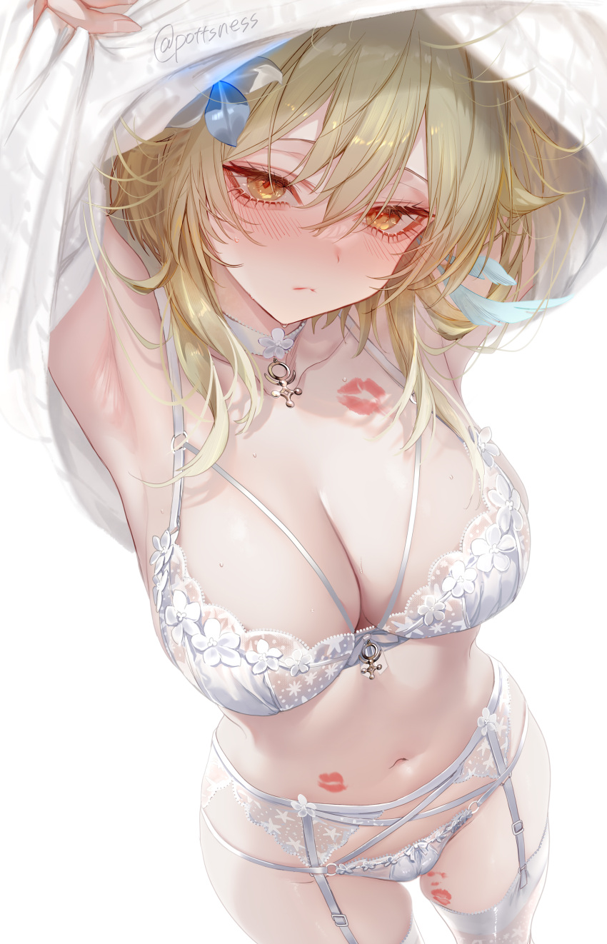 1girl absurdres armpits arms_up blonde_hair blush bra breasts choker cleavage closed_mouth clothes_lift collarbone commentary flower garter_belt genshin_impact hair_between_eyes hair_flower hair_ornament hickey highres lace-trimmed_bra lace-trimmed_panties lace_trim large_breasts looking_at_viewer lumine_(genshin_impact) navel o-ring paid_reward_available panties pottsness short_hair_with_long_locks sweater sweater_lift symbol-only_commentary thighhighs twitter_username underwear undressing white_background white_bra white_choker white_garter_belt white_panties white_sweater white_thighhighs yellow_eyes