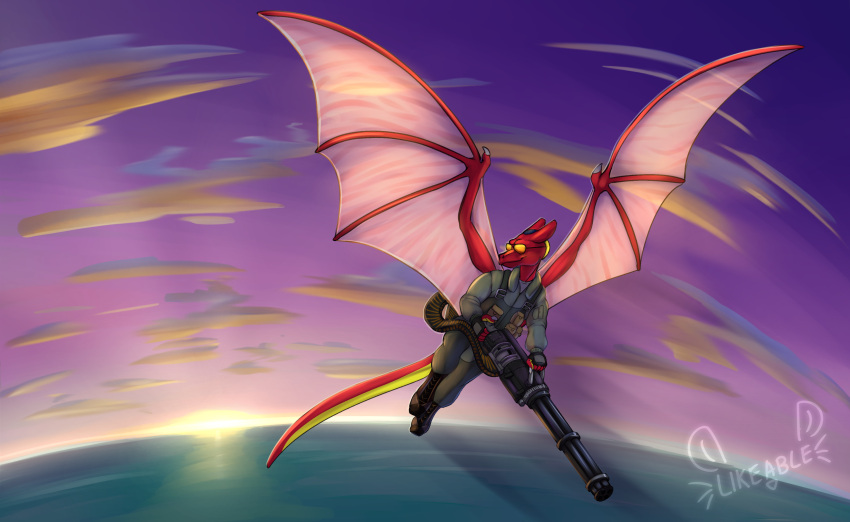 absurd_res artist_name boots clothed clothing dragon eyewear flying footwear gun hi_res likeablemouse machine_gun military mythological_creature mythological_scalie mythology ranged_weapon red_body scalie sky sunglasses water weapon wings