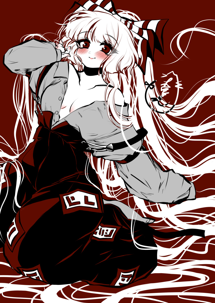 1girl absurdly_long_hair absurdres annmi_minori arm_up blush bow breasts closed_mouth collarbone commentary_request fujiwara_no_mokou full_body grey_shirt hair_bow highres limited_palette long_hair long_sleeves looking_at_viewer off_shoulder ofuda ofuda_on_clothes open_clothes open_shirt pants puffy_pants red_background red_eyes red_pants seiza shirt shirt_tucked_in signature simple_background single_bare_shoulder sitting sleeves_past_wrists smile solo suspenders suspenders_slip touhou unbuttoned very_long_hair white_bow white_hair