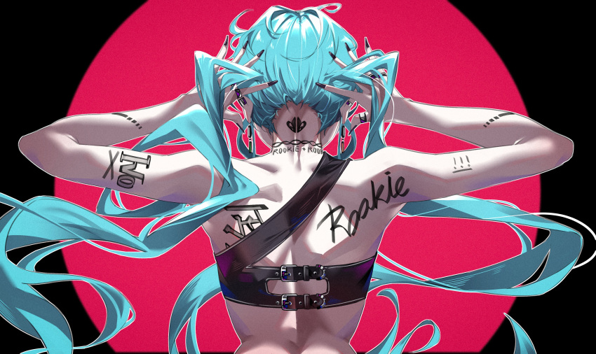 1girl absurdres aqua_hair arm_tattoo back back_tattoo earrings from_behind hatsune_miku highres il_hyang jewelry long_hair neck_tattoo ring rookie_(vocaloid) solo tattoo twintails upper_body very_long_hair vocaloid