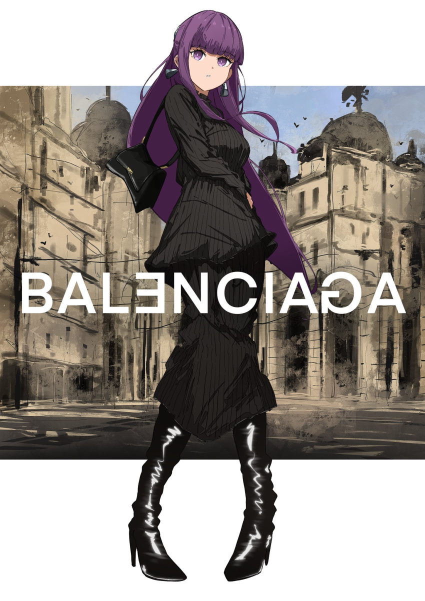 1girl bag balenciaga black_dress black_footwear blunt_bangs boots contemporary dangle_earrings dress earrings fashion fern_(sousou_no_frieren) full_body handbag hashtag_only_commentary high_heel_boots high_heels highres jewelry letterboxed parted_lips purple_eyes purple_hair solo sousou_no_frieren standing striped_clothes striped_dress t.k.c vertical-striped_clothes vertical-striped_dress