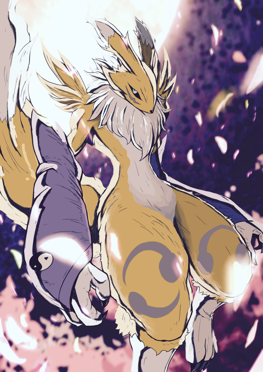 3_fingers absurd_res ambiguous_gender anthro armwear bandai_namco black_nose black_sclera blue_eyes bridal_gauntlets claws clothing detailed_background digimon digimon_(species) fingers hi_res multicolored_ears multicolored_tail renamon solo sutunununu tail tuft