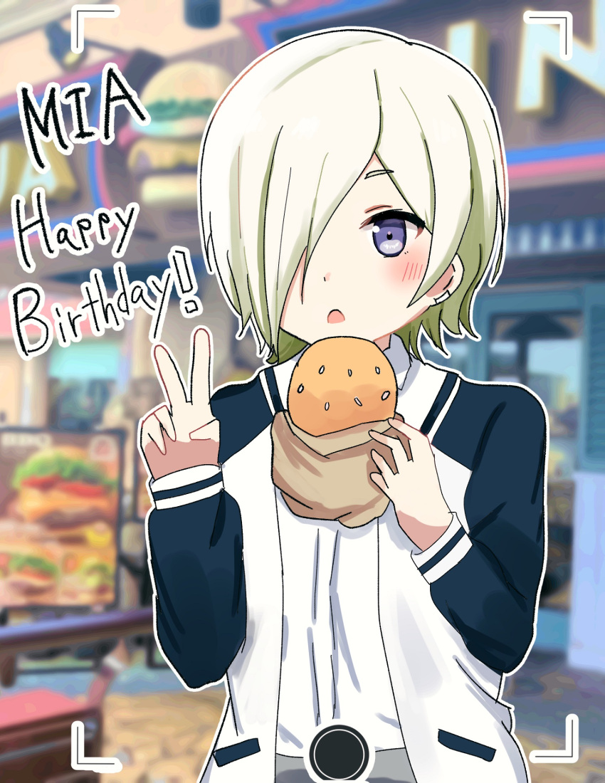 1girl blonde_hair blurry blurry_background blush burger character_name commentary_request ear_piercing food hair_over_one_eye happy_birthday highres holding holding_food jacket long_hair looking_at_viewer love_live! love_live!_nijigasaki_high_school_idol_club mia_taylor one_eye_covered open_mouth piercing purple_eyes ranmaki125 shirt short_hair solo upper_body v viewfinder white_jacket white_shirt
