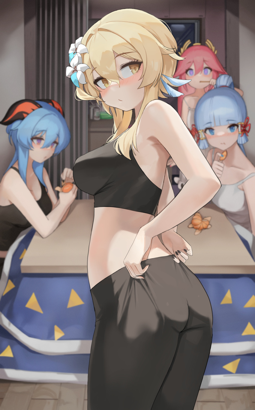 4girls absurdres black_camisole black_nails black_sports_bra blonde_hair blue_eyes blue_hair blunt_bangs blush brushing_teeth camisole dolri dot_mouth feather_hair_ornament feathers flower food from_side fruit ganyu_(genshin_impact) genshin_impact hair_between_eyes hair_flower hair_ornament highres holding holding_food holding_fruit holding_pants holding_toothbrush indoors kamisato_ayaka kotatsu looking_at_viewer lumine_(genshin_impact) multiple_girls orange_(fruit) peeling pink_hair purple_eyes short_hair_with_long_locks sidelocks solo_focus sports_bra table toothbrush under_kotatsu under_table white_camisole white_flower yae_miko yellow_eyes