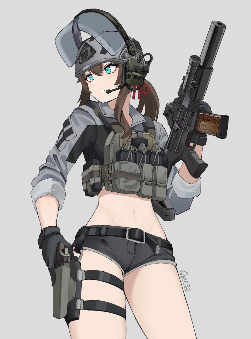 1girl absurdres assault_rifle black_gloves black_shorts blue_eyes brown_hair chest_rig combat_helmet commission eotech gar32 gloves grey_background grey_headwear grey_shirt gun handgun helmet highres holster looking_to_the_side magazine_(weapon) military_uniform optical_sight original rifle serious shirt shorts sig_mcx sig_sauer solo stomach suppressor termichan_(not-a-bot) thigh_holster uniform weapon weapon_request