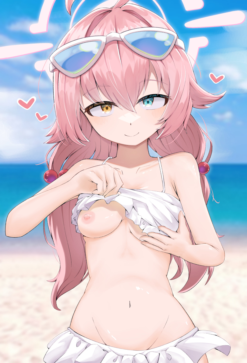 1girl absurdres ahoge armpit_crease beach bikini bikini_top_lift blue-tinted_eyewear blue_archive blue_eyes blue_sky breasts closed_mouth clothes_lift day eyewear_on_head frilled_bikini frills hair_between_eyes hair_bobbles hair_flaps hair_ornament halo heart heterochromia highres hoshino_(blue_archive) hoshino_(swimsuit)_(blue_archive) low_twintails navel nipples ocean outdoors pink_hair pink_halo sky small_breasts smile solo sugarplus swimsuit tinted_eyewear twintails white_bikini yellow_eyes