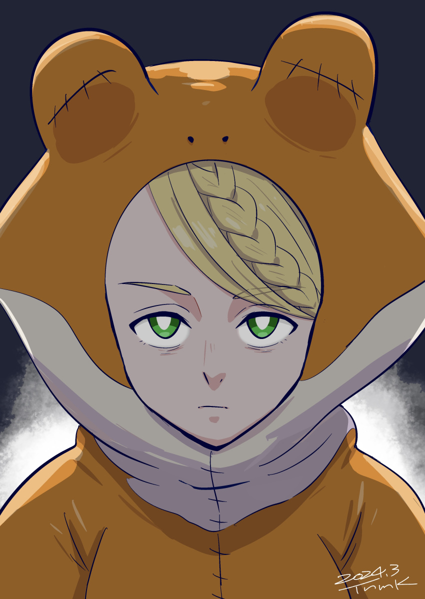 1girl :| absurdres animal_costume bags_under_eyes blonde_hair bodysuit braid bright_pupils closed_mouth dark_background dated dungeon_meshi frog_costume green_eyes highres marcille_donato orange_bodysuit pelt signature solo tsunemoku upper_body white_pupils