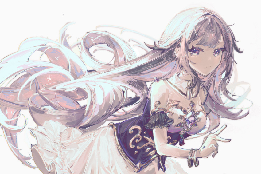 1girl arm_cuffs blunt_bangs center-flap_bangs chest_jewel circlet detached_collar dress gem grey_hair hair_flaps highres hololive hololive_english jewelry koseki_bijou light_smile long_hair looking_at_viewer purple_eyes simple_background sleeveless sleeveless_dress solo somewhatdino v very_long_hair virtual_youtuber white_background white_dress
