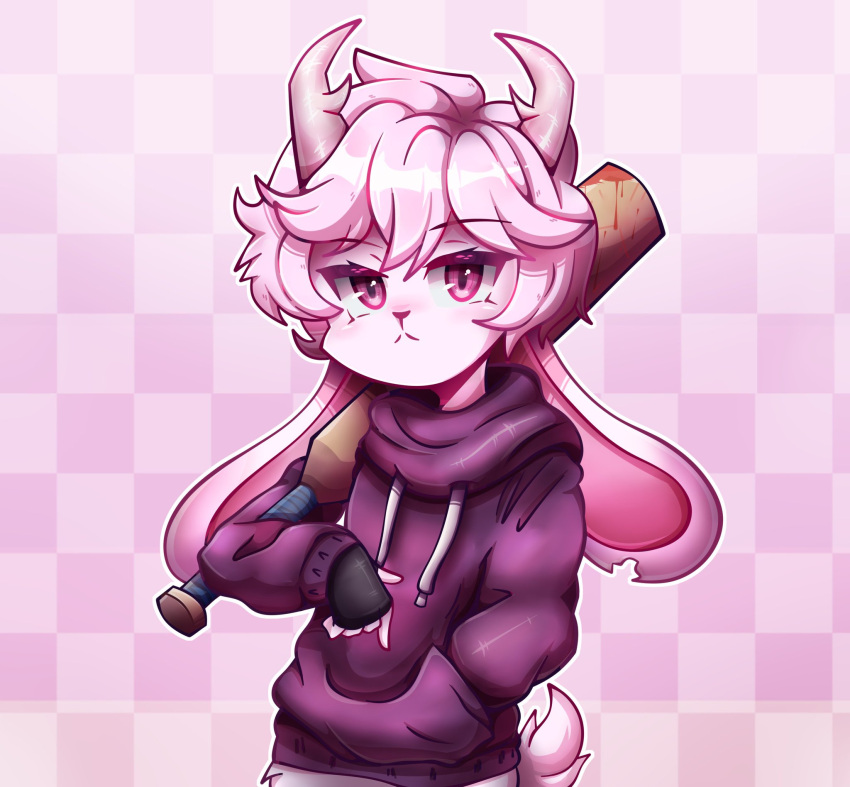 1boy baseball_bat bite_mark_on_ear furry fzst goat_horns highres holding holding_baseball_bat horns indie_virtual_youtuber jackalope looking_at_viewer original otoko_no_ko pink_fur pink_hair purple_sweater rabbit red_eyes sweater tsundere youtube