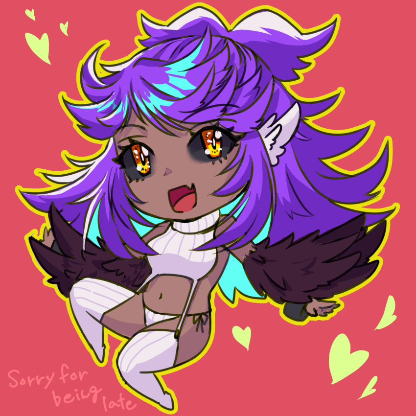 1girl animal_ears bare_shoulders bird_ears black_feathers black_sclera black_wings chibi colored_sclera commentary commission dark-skinned_female dark_skin english_commentary english_text fang feathers harpy heart highres long_hair meme_attire monster_girl open_mouth original panties purple_hair red_background revealing_clothes single_handcuff siromisouemon skeb_commission skin_fang solo sweater turtleneck turtleneck_sweater underwear virgin_destroyer_sweater white_panties winged_arms wings yellow_eyes