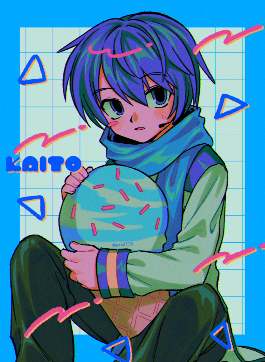 1boy aqua_border artist_name black_pants blue_hair blue_scarf blush border character_name coat film_grain food grid_background highres holding holding_stuffed_toy ice_cream kaito_(vocaloid) long_sleeves looking_at_viewer menma_(enaic31) pants parted_lips scarf short_hair sitting solo sprinkles stuffed_toy sweatdrop vocaloid white_background white_coat