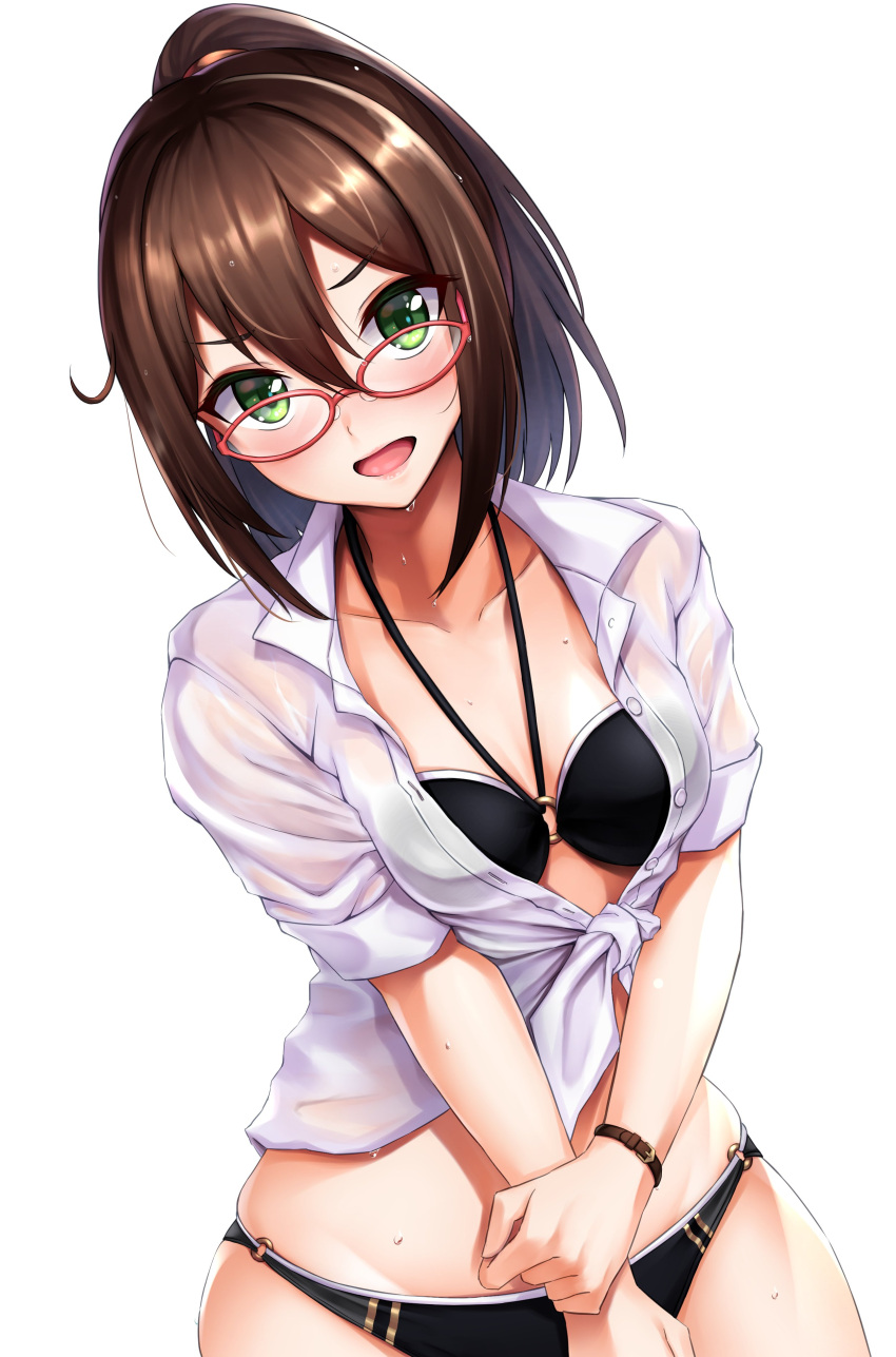 1girl absurdres bikini black_bikini bracelet breasts brown_hair collarbone collared_shirt commentary_request glasses green_eyes halterneck hand_on_own_arm highres jewelry looking_at_viewer medium_breasts medium_hair mifuyu_(princess_connect!) mifuyu_(real)_(princess_connect!) open_mouth ponytail princess_connect! red-framed_eyewear shirt sidelocks simple_background solo swimsuit tied_shirt tonelico1213 v-shaped_eyebrows wet wet_clothes wet_shirt white_background white_shirt