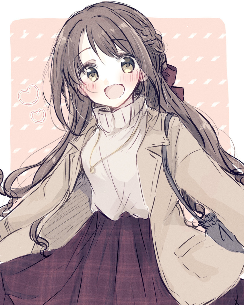 1girl ba_ra_ran blush braid brown_coat brown_hair coat heart highres idolmaster idolmaster_cinderella_girls long_hair looking_at_viewer patterned_background red_skirt shimamura_uzuki skirt smile solo sweater very_long_hair white_sweater