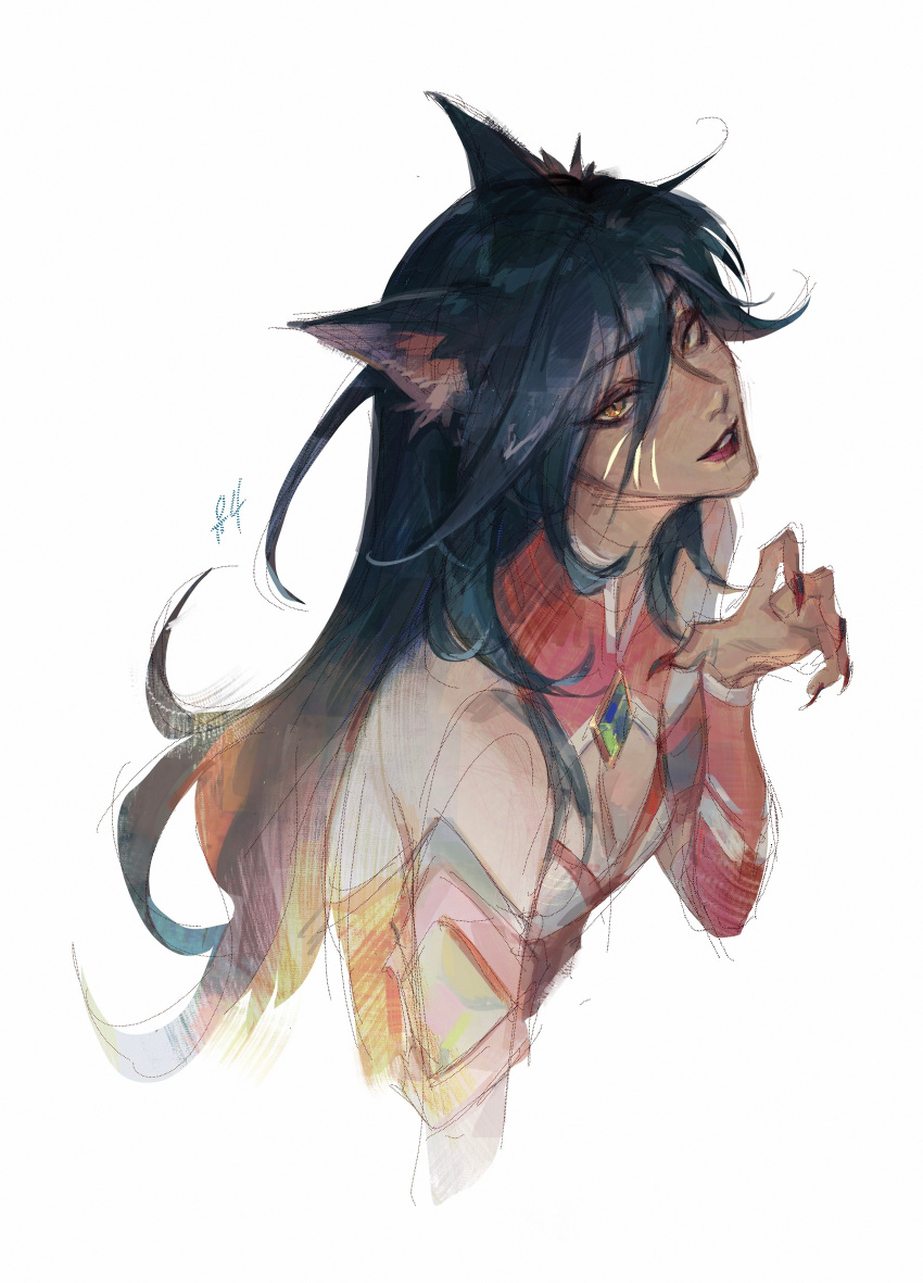 1girl absurdres ahri_(league_of_legends) animal_ears armband bare_shoulders black_fur black_hair claw_pose facial_mark fingernails fox_ears hand_up head_tilt highres kgynh league_of_legends looking_at_viewer multicolored_shirt parted_lips red_armband red_lips red_nails red_shirt ruined_king:_a_league_of_legends_story sharp_fingernails shirt sleeveless sleeveless_shirt solo straight_hair teeth upper_body whisker_markings white_background white_shirt yellow_eyes