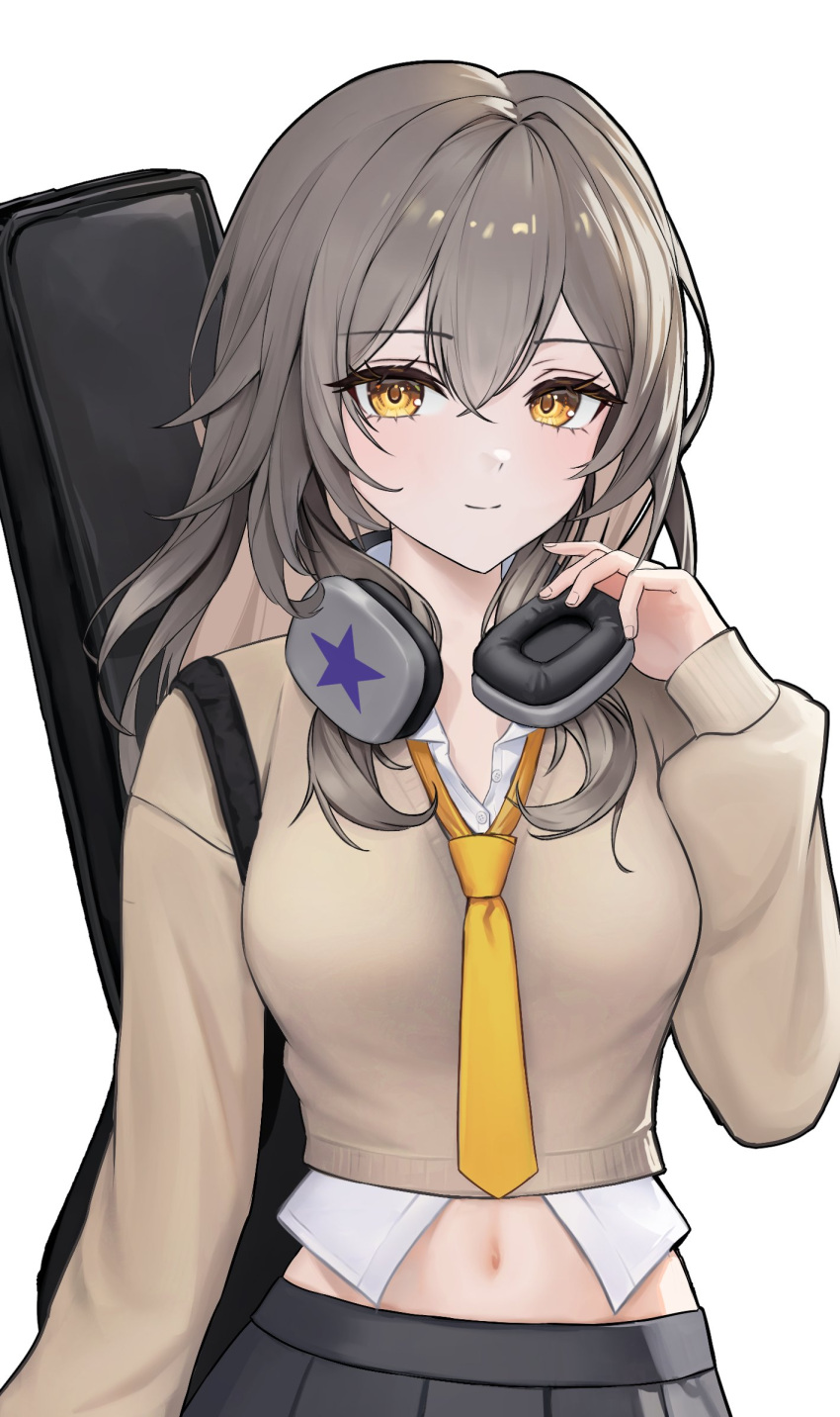 1girl arm_at_side black_skirt blush brown_sweater closed_mouth collared_shirt cowboy_shot crossed_bangs dot_nose grey_hair hair_between_eyes hand_on_headwear headphones headphones_around_neck highres honkai:_star_rail honkai_(series) instrument_case instrument_on_back long_hair long_sleeves looking_at_viewer midriff muu_maa_muu navel necktie open_clothes open_shirt pleated_skirt school_uniform shirt sidelocks simple_background skirt smile solo stelle_(honkai:_star_rail) straight_hair sweater trailblazer_(honkai:_star_rail) v-neck white_background white_shirt yellow_eyes yellow_necktie