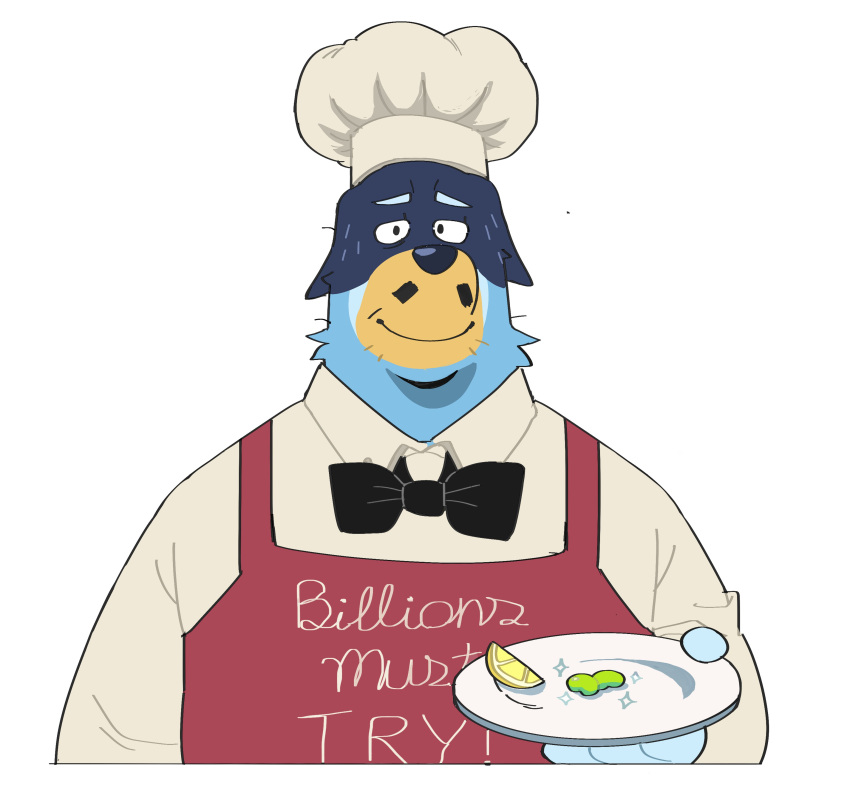 absurd_res alecrim anthro apron australian_cattle_dog bandit_heeler bean blue_body blue_fur bluey_(series) bow_tie canid canine canis cattledog chef chef_hat clothing domestic_dog english_text facial_hair fake_mustache food fruit fur hat headgear headwear herding_dog hi_res lemon male mammal meme mustache nervous_smile pastoral_dog plant plate simple_background smile solo text yellow_body yellow_fur