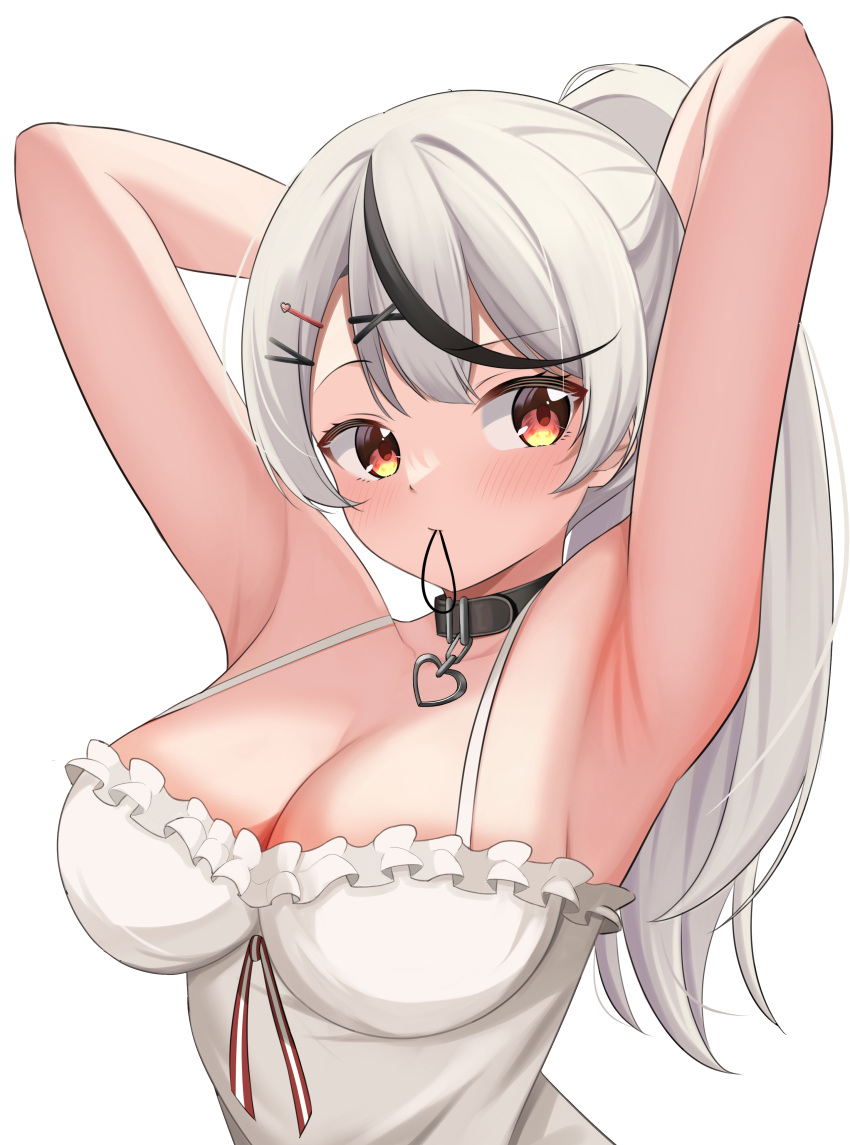 1girl 9696k absurdres adjusting_hair armpits arms_behind_head arms_up belt_collar black_collar black_hair breasts camisole cleavage collar grey_hair hair_ornament hairpin highres hololive large_breasts long_hair looking_at_viewer mouth_hold multicolored_hair orange_hair ponytail sakamata_chloe sakamata_chloe_(1st_costume) solo streaked_hair virtual_youtuber white_background white_camisole x_hair_ornament