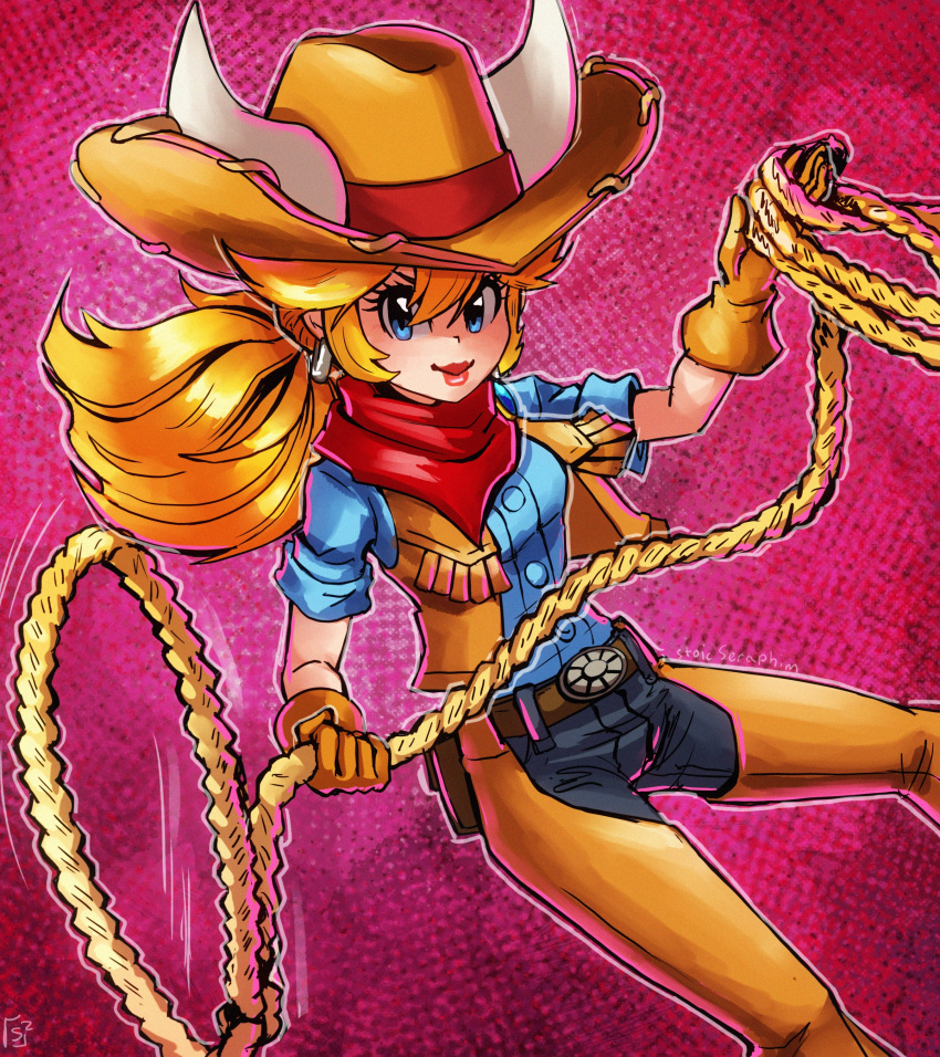 absurdres belt blonde_hair blue_eyes breasts cow_girl cow_horns gloves hat highres holding holding_lasso holding_rope horns lasso long_hair looking_at_viewer mario_(series) neckerchief official_alternate_costume official_alternate_hairstyle pants ponytail princess_peach princess_peach:_showtime! red_neckerchief rope stoic_seraphim super_mario_bros._1