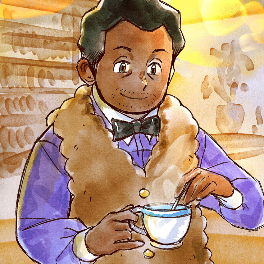 1boy black_bow black_bowtie black_hair bow bowtie brown_eyes brown_vest buttons closed_mouth collared_shirt commentary cup dark-skinned_male dark_skin facial_hair go-lurk highres holding holding_cup holding_spoon indoors laventon_(pokemon) long_sleeves looking_down male_focus pokemon pokemon_legends:_arceus purple_shirt shirt short_hair smile solo spoon steam stirring stubble upper_body vest