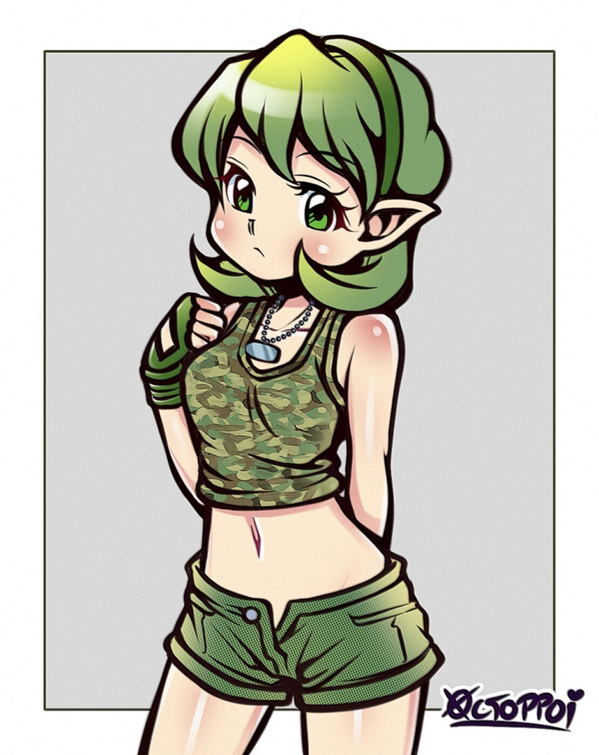 1girl artist_name border camouflage camouflage_shirt closed_mouth commentary_request eyelashes green_eyes green_hair green_shorts highres jewelry medium_hair midriff navel necklace outside_border pointy_ears saria_(zelda) shirt shorts simple_background solo standing thaumana the_legend_of_zelda the_legend_of_zelda:_ocarina_of_time white_background white_border