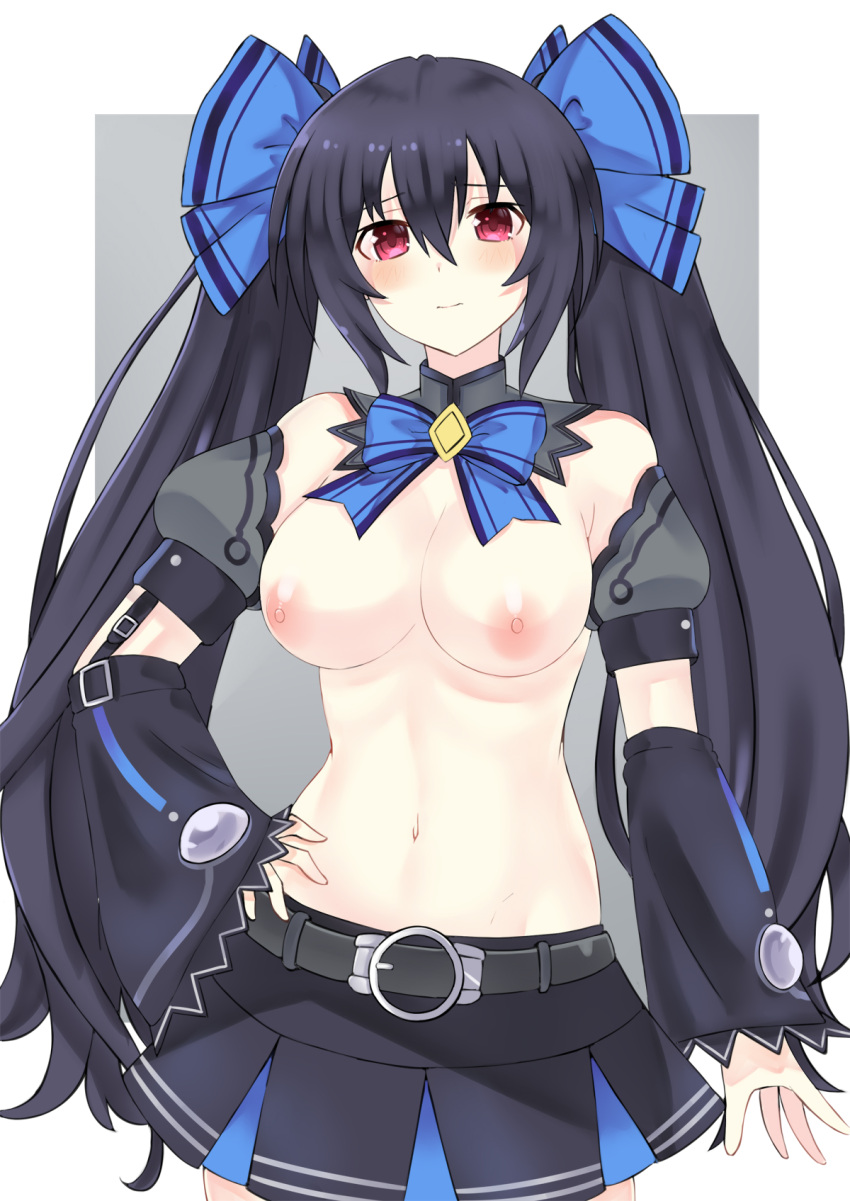 1girl bare_shoulders black_hair bow bowtie breasts cross-laced_clothes detached_sleeves hair_between_eyes hair_bow hand_on_hip highres kami_jigen_game_neptune_v long_hair looking_at_viewer medium_breasts navel neptune_(series) nipples noire_(neptune_series) paid_reward_available pleated_skirt puffy_sleeves red_eyes serious skirt sleeves_past_wrists topless twintails very_long_hair wide_sleeves zatsu