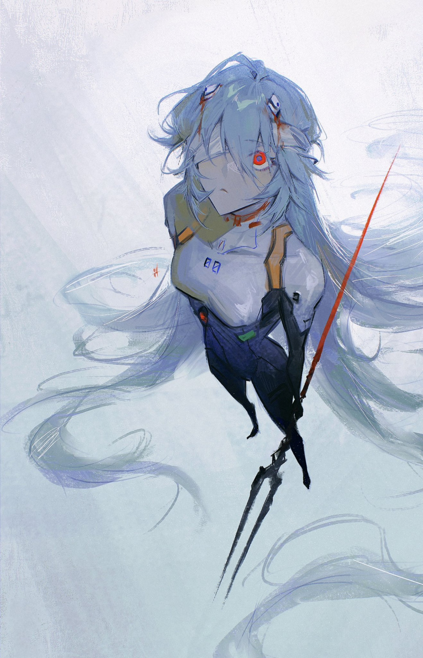 1girl ayanami_rei bandage_over_one_eye bandaged_head bandages blood blood_on_face blue_hair from_above full_body highres holding holding_weapon kgynh lance_of_longinus_(evangelion) light_blue_hair long_hair looking_up neon_genesis_evangelion plugsuit red_eyes simple_background solo standing straight_hair very_long_hair weapon white_background