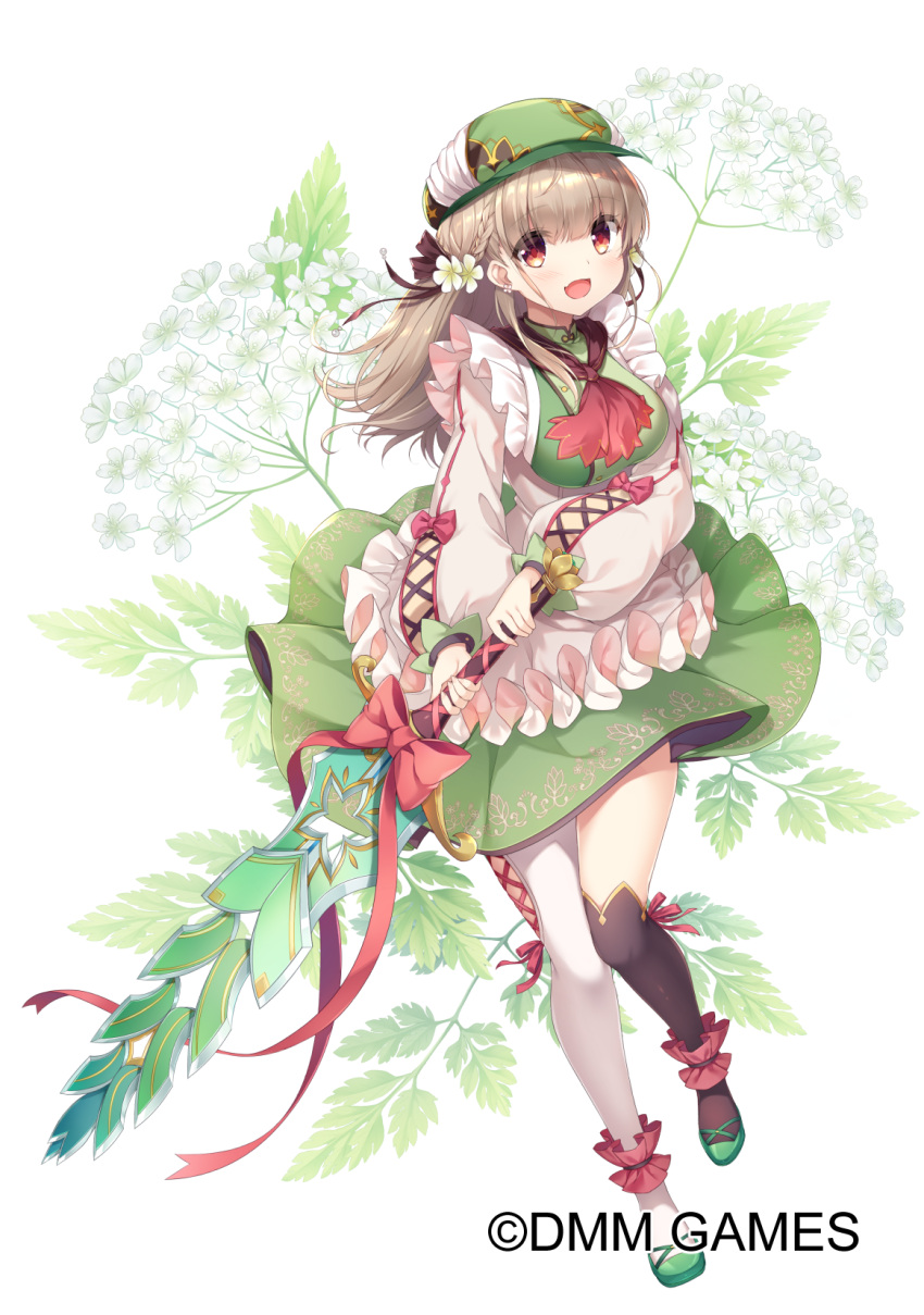 1girl amakarashi apron asymmetrical_legwear black_thighhighs blush bow braid breasts brown_eyes brown_hair brown_ribbon character_request copyright_notice cross-laced_clothes cross-laced_sleeves dress flower flower_knight_girl green_dress green_footwear green_headwear hair_flower hair_ornament hair_ribbon hat highres holding holding_sword holding_weapon large_breasts leaf long_hair official_art open_mouth pink_bow pink_ribbon plant ribbon solo sword thighhighs weapon white_apron white_flower white_sleeves white_thighhighs