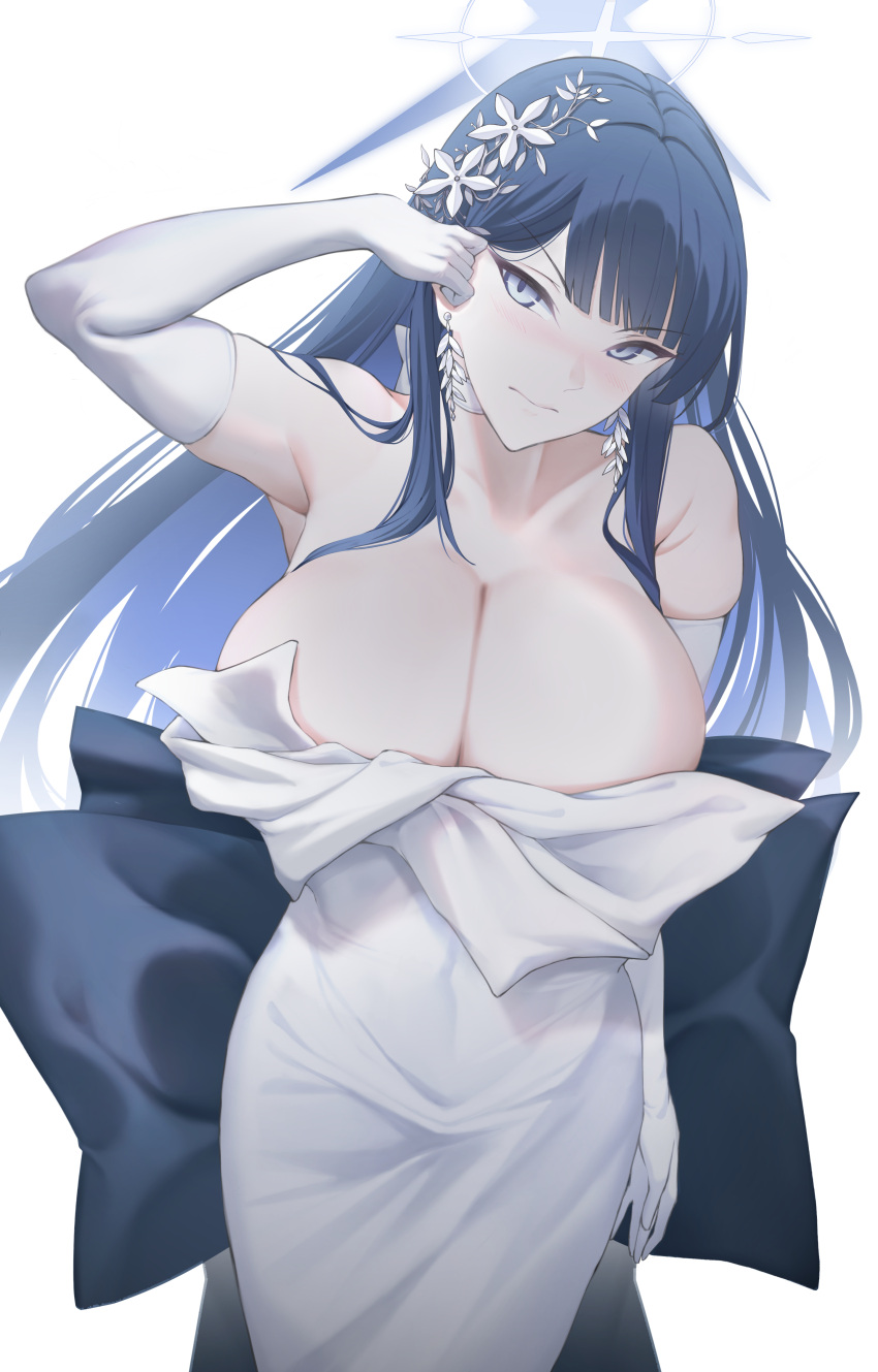 1girl absurdres arturaxia bare_shoulders black_hair blue_archive blue_eyes breasts cleavage collarbone dress earrings elbow_gloves gloves halo highres jewelry large_breasts long_hair looking_at_viewer official_alternate_costume saori_(blue_archive) saori_(dress)_(blue_archive) solo white_dress white_gloves