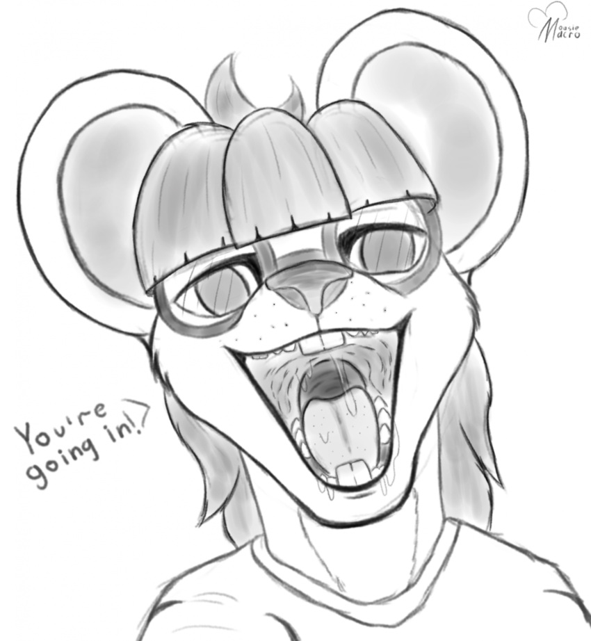 alliz_(macromousie) anthro clothed clothing dialogue digital_media_(artwork) english_text female greyscale hair hi_res imminent_vore looking_at_viewer macromousie mammal monochrome mouse mouth_shot murid murine open_mouth oral_vore rodent shirt simple_background sketch solo teeth text throat tongue topwear vore
