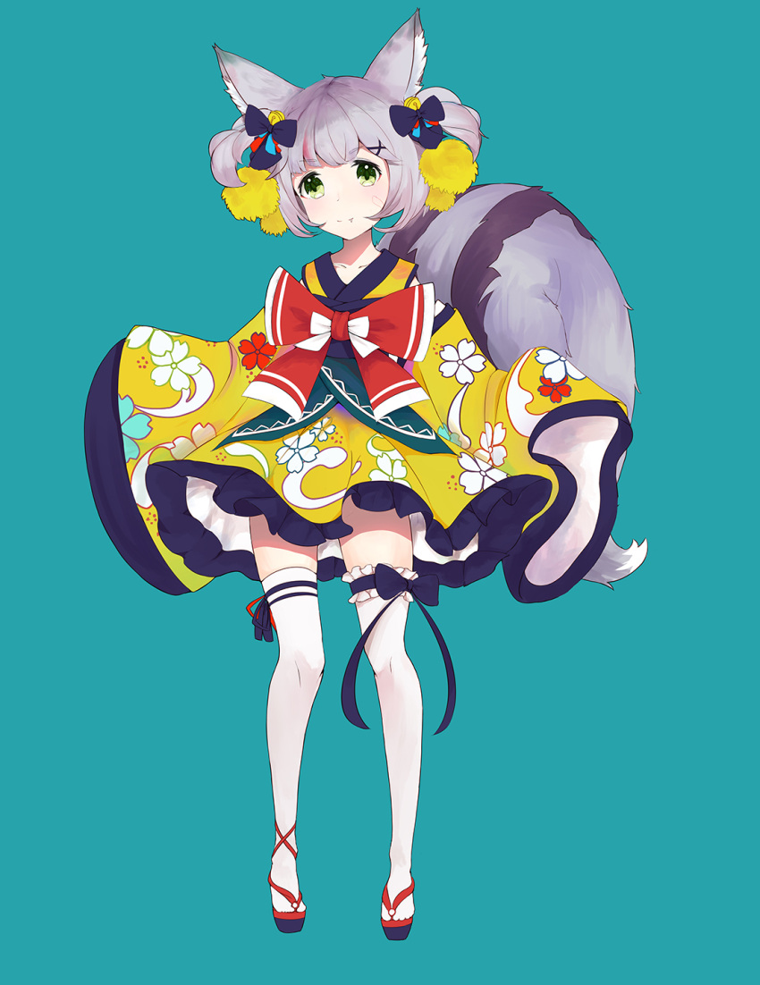 1girl 999kun animal_ears blue_background blush bow closed_mouth floral_print full_body green_eyes grey_hair hair_bow hair_ornament highres japanese_clothes kimono lolita_fashion long_sleeves looking_at_viewer original red_bow ribbon sandals short_hair simple_background sleeves_past_fingers sleeves_past_wrists solo squirrel_ears squirrel_girl squirrel_tail standing tail thighhighs wa_lolita white_thighhighs wide_sleeves