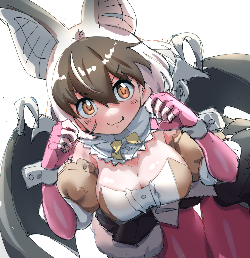 1girl absurdres animal_ears bat_ears bat_girl bat_wings breasts brown_eyes brown_hair brown_long-eared_bat_(kemono_friends) cleavage elbow_gloves extra_ears fingerless_gloves gloves grey_hair highres kemono_friends kemono_friends_v_project large_breasts leotard long_hair looking_at_viewer lowlandgorilla microphone pantyhose simple_background skirt solo virtual_youtuber wings