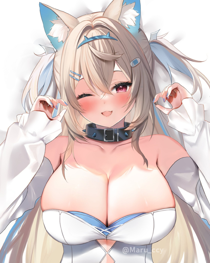 1girl animal_ear_fluff animal_ears blonde_hair blue_hair breast_focus breasts close-up dog_ears dog_girl fuwawa_abyssgard hair_ornament highres hololive hololive_english large_breasts long_hair looking_at_viewer maru_ccy multicolored_hair open_mouth pink_eyes streaked_hair virtual_youtuber