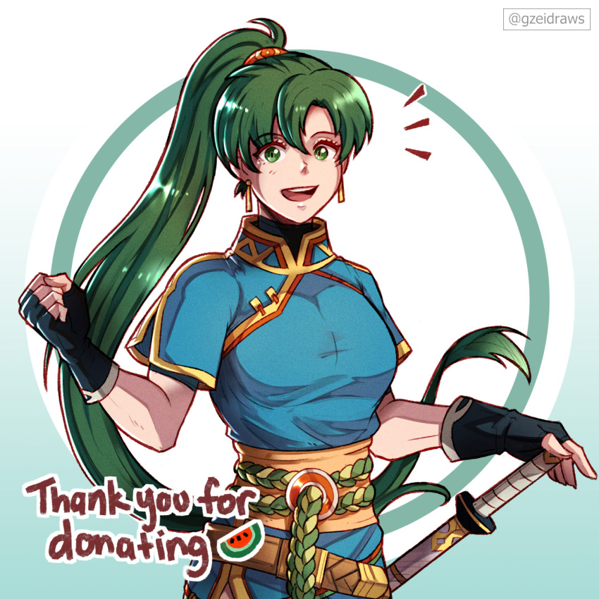 1girl :d black_gloves blue_dress breasts clenched_hand dress earrings english_commentary fingerless_gloves fire_emblem fire_emblem:_the_blazing_blade gloves green_eyes green_hair gzei highres jewelry long_hair looking_at_viewer lyn_(fire_emblem) medium_breasts open_mouth ponytail scabbard sheath sheathed short_sleeves smile solo sword upper_body very_long_hair weapon