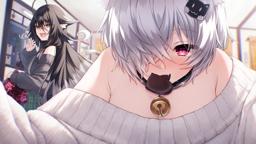 2girls :d absurdres ahoge animal_ear_fluff animal_ears bare_shoulders bell black_collar black_hair black_sweater blurry blurry_background blush candy cat_hair_ornament chocolate collar fang food food_in_mouth grey_hair hair_ornament hair_over_one_eye hasumi_(hasubatake39) heart heart-shaped_chocolate highres indoors kuon_(hasumi_(hasubatake39)) looking_at_viewer multiple_girls neck_bell off_shoulder original red_eyes setsuna_(hasumi_(hasubatake39)) short_hair smile sweater tail white_sweater yellow_eyes