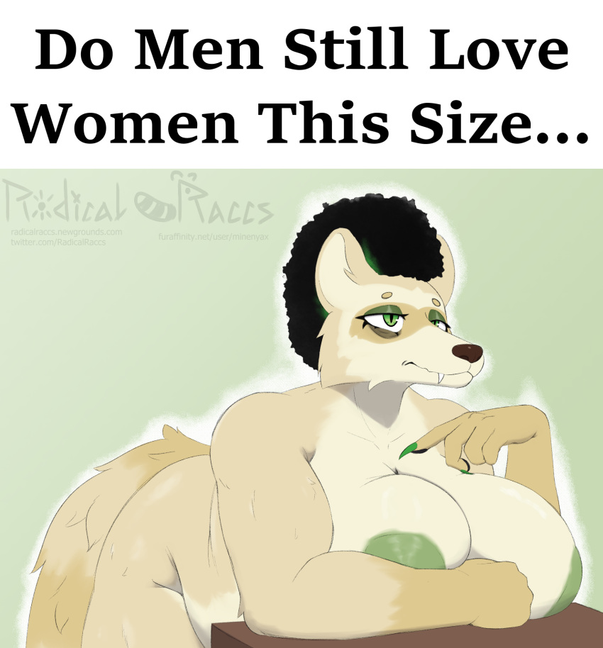afro anthro big_breasts breasts do_men_still_love_women_this_size eyeshadow female green_eyes green_eyeshadow hi_res highlights_(coloring) makeup mammal meme mohawk muscular muscular_female procyonid raccoon radicalraccs sasha_(radicalraccs) simple_background slightly_chubby solo