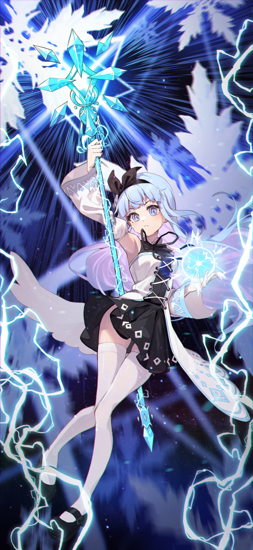 1girl absurdres arm_up black_dress black_footwear black_hairband black_ribbon blue_eyes blue_hair closed_mouth colored_inner_hair detached_sleeves dress frown hairband highres holding holding_staff juliet_sleeves light_blue_hair lightning long_hair long_sleeves magician_(ice_lightning) maplestory mary_janes multicolored_hair pink_hair puffy_sleeves ribbon shoes skindentation solo split_mouth staff thighhighs thighs two-tone_hair white_sleeves white_thighhighs zonunoll