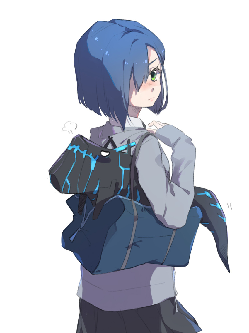 1girl :| adjusting_strap bag black_skirt blue_bag blue_hair blush breath closed_mouth collared_shirt creature darling_in_the_franxx dress_shirt duffel_bag expressionless from_behind green_eyes grey_hoodie hair_over_one_eye hands_up highres holding holding_bag holding_creature hood hood_down hoodie ichigo_(darling_in_the_franxx) kross_(kira89757) kyoryuu long_sleeves looking_at_viewer looking_back nose_blush pleated_skirt school_bag school_uniform shirt short_hair simple_background skirt sleeves_past_wrists solo white_background white_shirt