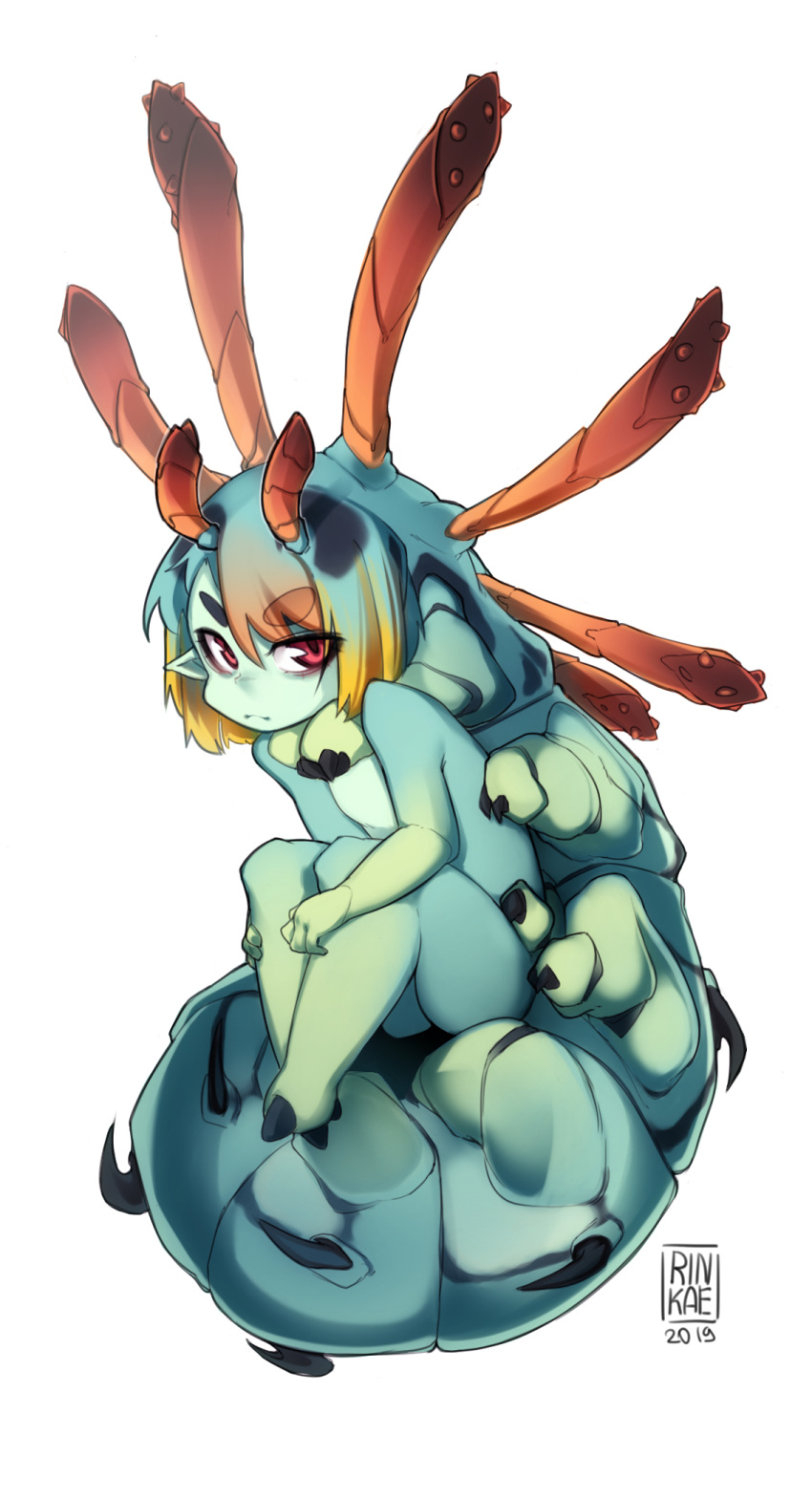 1girl 2019 antennae arthropod_girl arthropod_limbs artist_name blonde_hair caterpillar_girl closed_mouth colored_skin colored_tips dated full_body green_hair green_skin highres knees_up looking_at_viewer monster_girl multicolored_hair orange_hair original pointy_ears red_eyes rinkae short_hair sitting solo thick_eyebrows white_background