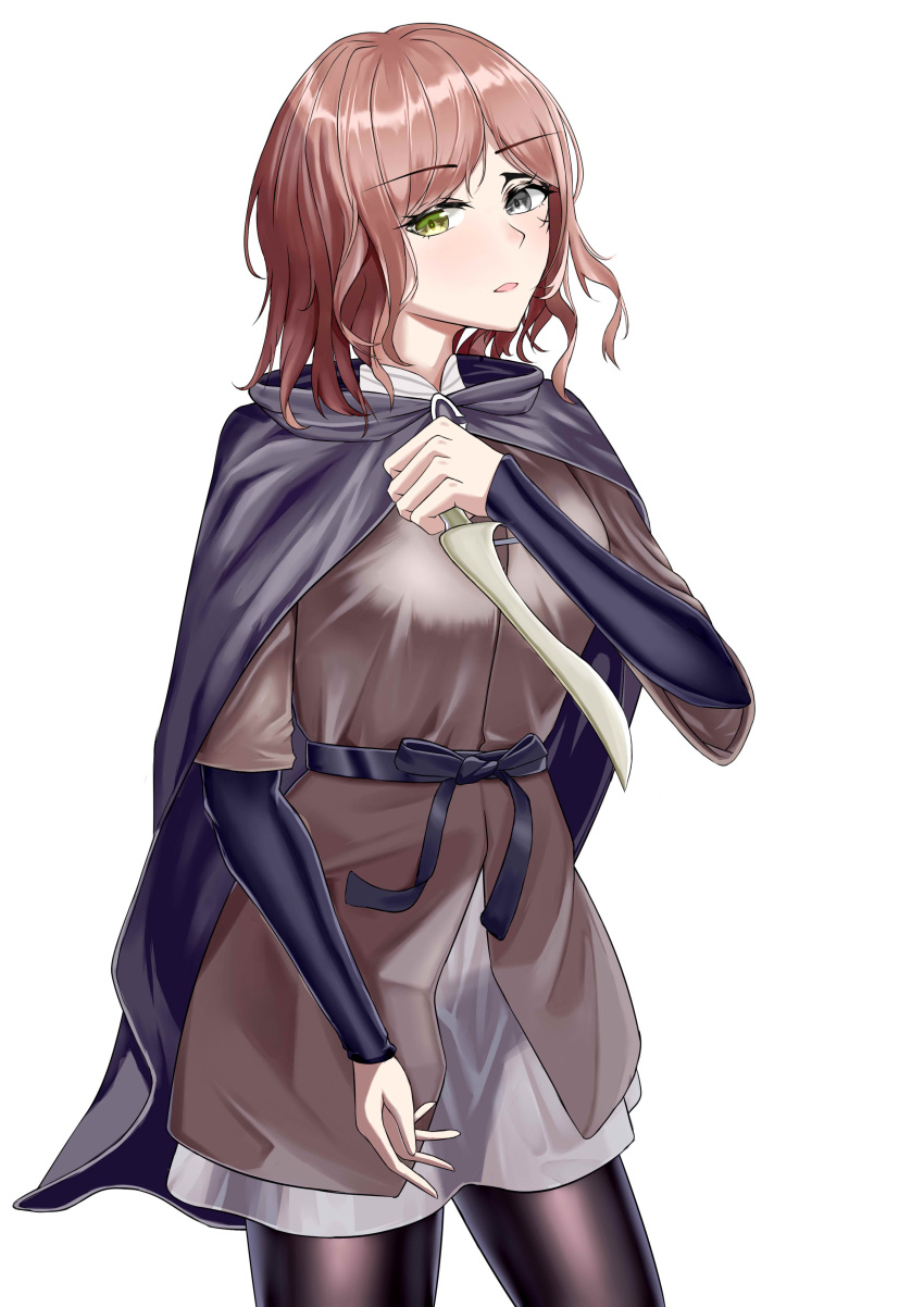 19956802168 1girl absurdres bangs black_thighhighs breasts brown_hair brown_jacket chinese_commentary cloak cracked_skin dagger elden_ring feet_out_of_frame green_eyes grey_eyes heterochromia highres holding holding_dagger holding_weapon jacket knife light_blush long_sleeves looking_at_viewer medium_hair melina_(elden_ring) open_mouth pantyhose purple_cloak solo standing thighhighs weapon white_background