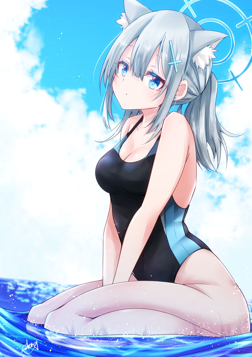 1girl absurdres animal_ear_fluff animal_ears bangs black_swimsuit blue_archive blue_eyes blue_sky breasts cloud competition_swimsuit cross_hair_ornament extra_ears grey_hair hair_ornament halo highres looking_at_viewer low_ponytail medium_breasts medium_hair mismatched_pupils multicolored_clothes multicolored_swimsuit one-piece_swimsuit seiza shiroko_(blue_archive) shiroko_(swimsuit)_(blue_archive) sitting sky solo swimsuit v_arms water yanagiba_sakana
