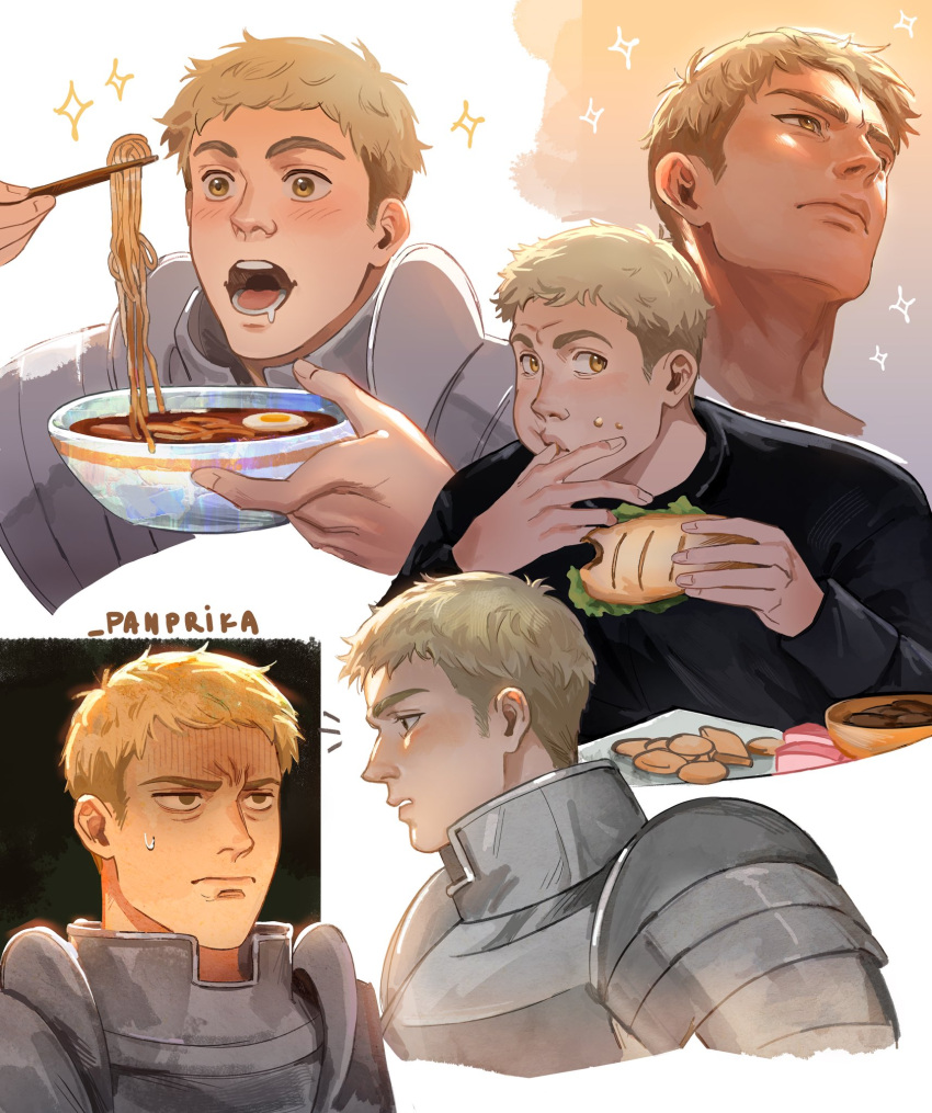 1boy armor blonde_hair chopsticks cropped_torso dungeon_meshi eating expressions food from_below frown highres laios_thorden male_focus multiple_views noodles panprika11 plate_armor ramen shirt sparkling_aura t-shirt thick_eyebrows yellow_eyes