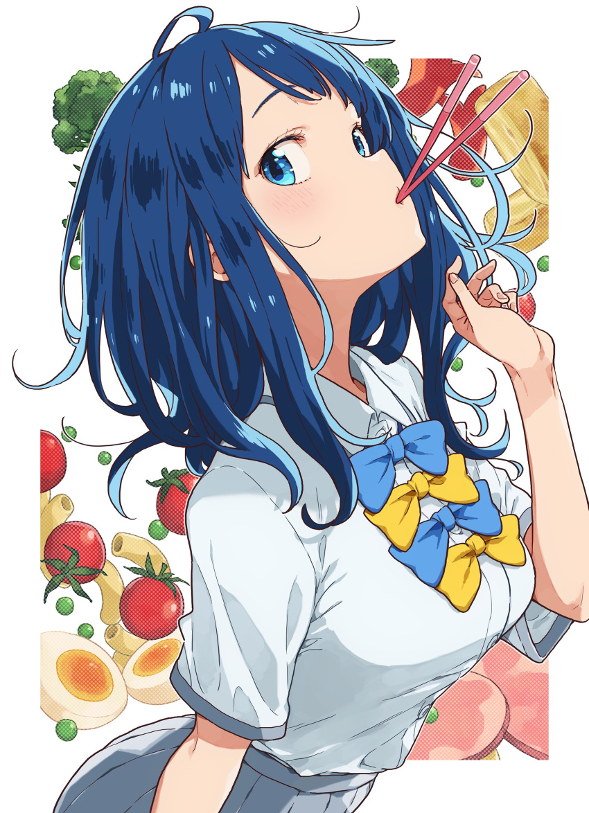 1girl absurdres blue_bow blue_bowtie blue_eyes blue_hair bow bowtie breasts broccoli cherry_tomato chopsticks chopsticks_in_mouth egg_(food) food food-themed_background food_art food_in_mouth grey_skirt ham hardboiled_egg head_tilt highres imigimuru light_blush looking_to_the_side make_heroine_ga_oo_sugiru! medium_breasts medium_hair official_art omelet pasta peas school_uniform shirt skirt solo solo_focus tako-san_wiener tamagoyaki tomato white_shirt yanami_anna yellow_bow yellow_bowtie