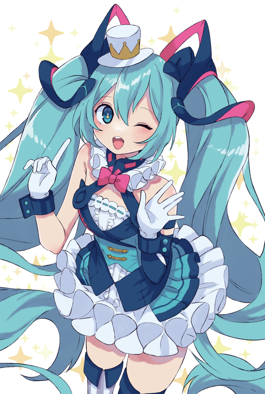 1girl ;d aqua_eyes aqua_hair bare_shoulders bent_over black_sleeves blush bow bowtie buttons center_frills cowboy_shot detached_sleeves dot_nose double-breasted dress frills gloves grey_thighhighs halter_dress halterneck hands_up hat hatsune_miku highres index_finger_raised long_hair looking_at_viewer magical_mirai_(vocaloid) magimirai_miku magimirai_miku_(2019) mini_hat mini_top_hat neck_ruff one_eye_closed open_mouth paya_(alunair) pink_bow pink_bowtie round_teeth short_dress simple_background single_detached_sleeve smile solo sparkle sparkle_background striped striped_legwear teeth thighhighs top_hat twintails upper_teeth vertical-striped_legwear vertical_stripes very_long_hair vocaloid white_background white_gloves white_headwear white_thighhighs zettai_ryouiki