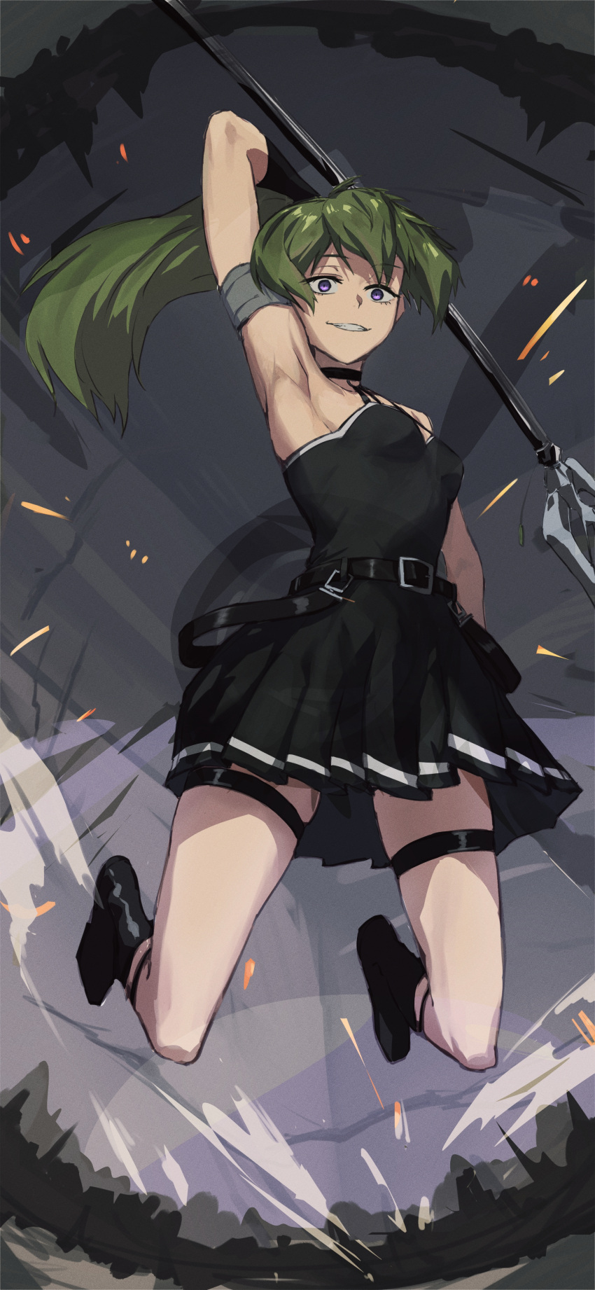 1girl absurdres arm_up armlet armpits battle belt black_belt black_choker black_dress black_footwear black_gloves boots breasts choker commentary dress flask full_body gloves green_hair grin highres holding holding_staff jumping long_hair looking_at_viewer o-ring pleated_dress purple_eyes sakazuki_sudama sanpaku side_ponytail single_glove sleeveless sleeveless_dress small_breasts smile solo sousou_no_frieren staff thigh_strap ubel_(sousou_no_frieren)