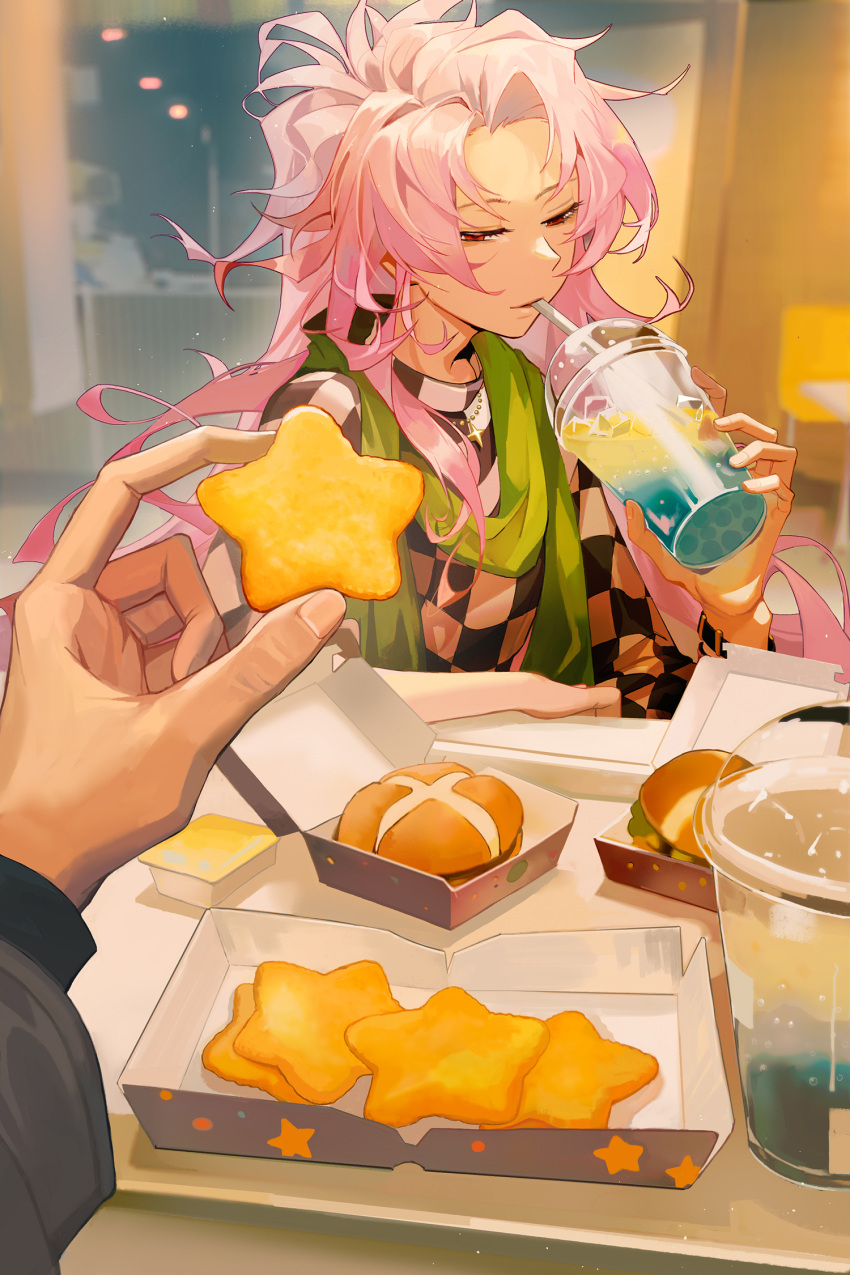 burger checkered_clothes checkered_shirt chinese_commentary commentary_request cookie cup dollyja drinking food green_scarf hatsutori_hajime highres holding holding_cookie holding_cup holding_food indoors jewelry long_sleeves male_focus necklace out_of_frame pink_hair ponytail pov red_eyes saibou_shinkyoku scarf shirt solo_focus star-shaped_food utsugi_noriyuki