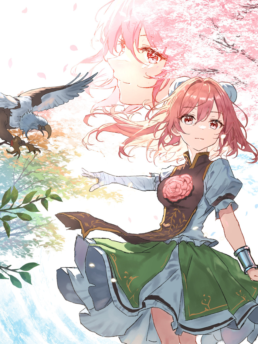 1girl absurdres bandaged_arm bandages bird breasts bun_cover closed_mouth cuffs double_bun eagle flower green_skirt hair_between_eyes hair_bun highres ibaraki_kasen ibushi_roun looking_at_viewer multiple_views petals pink_eyes pink_flower pink_hair pink_rose puffy_short_sleeves puffy_sleeves rose shackles shirt short_hair short_sleeves skirt smile tabard touhou white_shirt