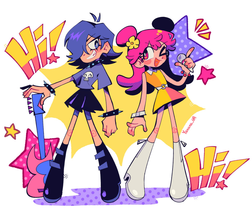 2girls boots cartoon_network guitar hi_hi_puffy_amiyumi highres holding holding_instrument holding_microphone instrument microphone multiple_girls one_eye_closed one_eye_covered purple_eyes purple_hair signature skirt smile yanana_ua