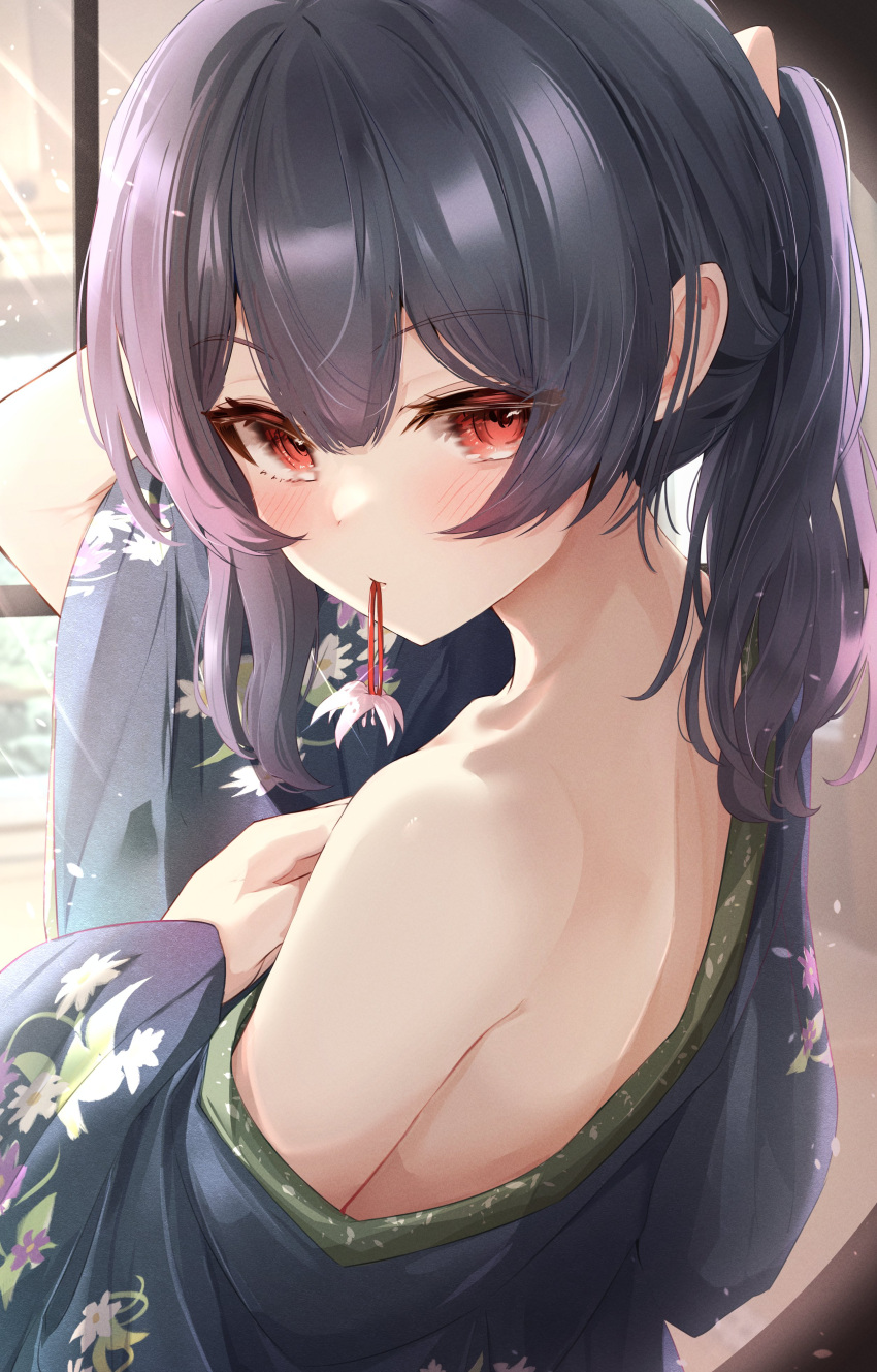 1girl absurdres adjusting_hair back bare_shoulders black_hair black_kimono blush closed_mouth dot_nose floral_print from_side hair_between_eyes hair_tie_in_mouth hand_on_own_chest highres idolmaster idolmaster_shiny_colors japanese_clothes kimono long_hair long_sleeves looking_at_viewer median_furrow morino_rinze mouth_hold off_shoulder ponytail print_kimono red_eyes sidelocks sky_cappuccino solo upper_body wide_sleeves