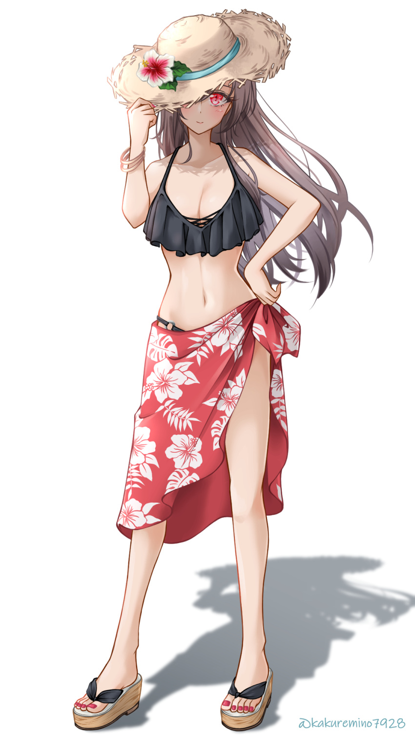 1girl aqua_ribbon bare_arms bare_legs bikini black_bikini blush bracelet breasts brown_hair cleavage closed_mouth commentary floating_hair floral_print flower flower_hat flower_request frilled_bikini frills full_body gradient_background grey_background hand_on_own_hip hand_up hat hat_ribbon highres jewelry kakuremino7928 legs_apart long_hair looking_at_viewer medium_breasts nail_polish navel o-ring o-ring_bikini one_eye_covered original platform_footwear print_sarong red_eyes red_flower red_nails red_sarong ribbon sandals sarong shadow simple_background slit_pupils smile solo standing stomach straw_hat swimsuit toenails twitter_username very_long_hair white_background white_flower