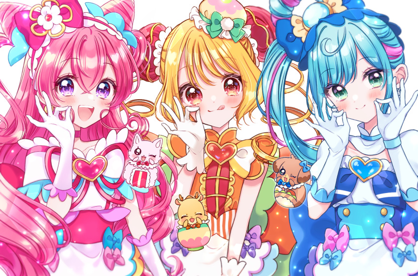 3girls :d ;q apron back_bow blonde_hair blue_bow blue_corset blue_hair blush bow brooch bun_cover choker closed_mouth cone_hair_bun corset creature cure_precious cure_spicy cure_yum-yum curly_sidelocks delicious_party_precure detached_collar dog dot_nose double_bun dragon drill_hair elbow_gloves flower fox fuwa_kokone gloves green_bow green_eyes hair_between_eyes hair_bow hair_bun hair_flower hair_ornament hairband hanamichi_ran hat hat_bow head_tilt heart heart_brooch highres jewelry kome-kome_(precure) kuzumochi large_bow long_hair looking_at_viewer magical_girl mem-mem_(precure) mini_hat money_gesture multicolored_hair multiple_girls nagomi_yui one_eye_closed open_mouth pam-pam_(precure) pink_bow pink_choker pink_hair pink_hairband precure purple_bow purple_eyes red_eyes side_ponytail single_hair_ring smile sparkle streaked_hair striped_bow tongue tongue_out twin_drills two-tone_hair two_side_up upper_body white_apron white_background white_gloves